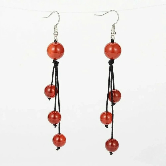 Natural Red Carnelian Gemstone Black Silk Thread Knotted Dangle Earrings - Picture 1 of 1
